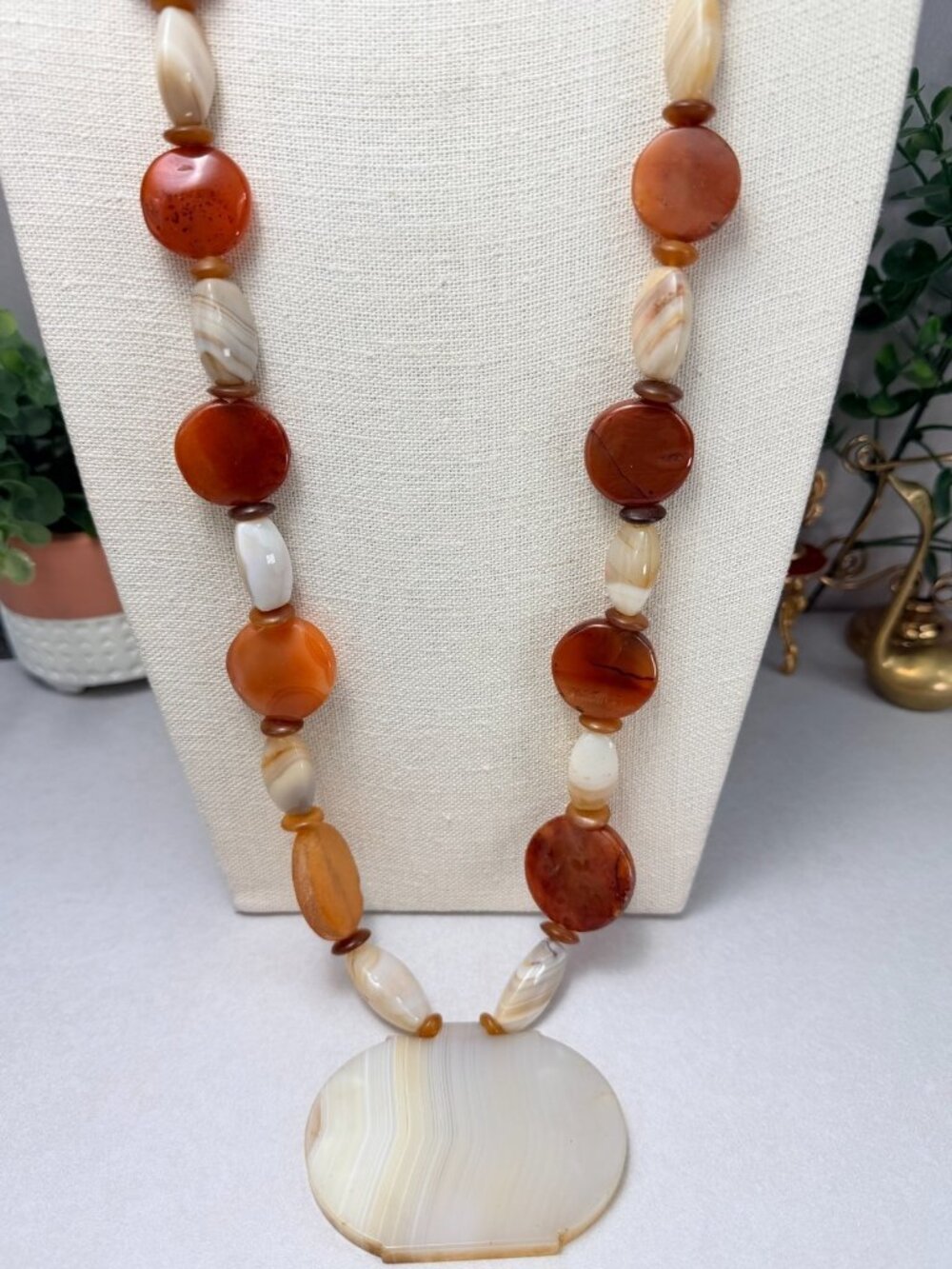 Vintage Faceted Carnelian Agate Chalcedony Onyx MOP  Long Necklace